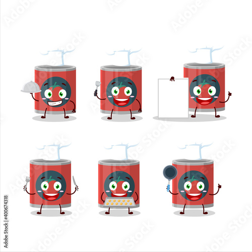 Cartoon character of can of tomato with various chef emoticons