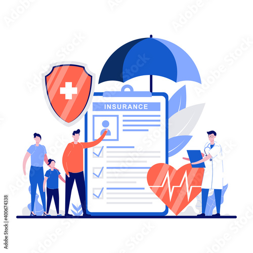 Family health and life insurance concept with tiny character, shield, umbrella. Care medical, Reliable protection, healthcare plan choice metaphor. Can use for web banner or landing page idea