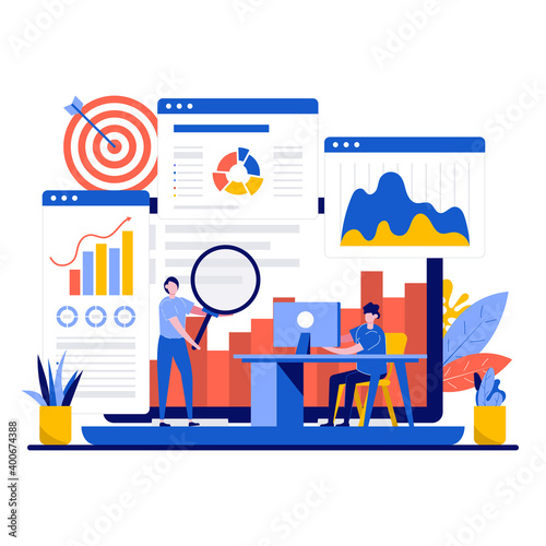Data analysis concept with tiny character. Teamwork of business analysts charts and diagrams of sales management statistics and operational reports flat vector illustration. Finance report metaphor