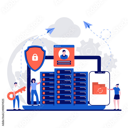Hybrid cloud concept with tiny character. Private and public cloud flat vector illustration. Infrastructure, personal data protection, GDPR, modern operating systems metaphor.Can use for landing page