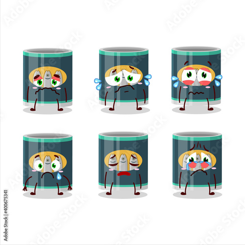 Can of sardines cartoon character with sad expression