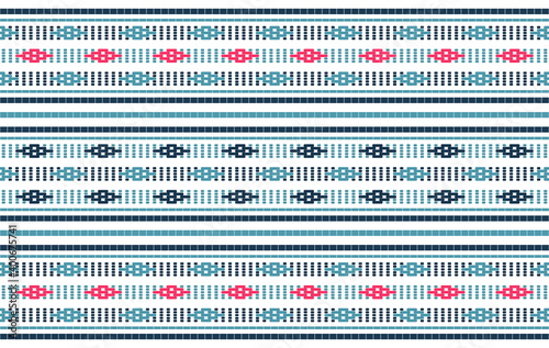 Embroidered pattern Vector illustration. Blue, burgundy and pink stitch on white background. Abstract stitch pattern in Thai hill tribe style. Idea for printing on fabric, cloth design or wallpaper.