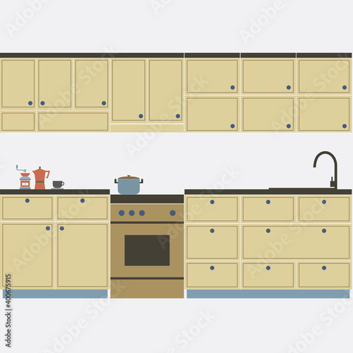 Modern Flat Design Kitchen Interior Vector Illustration.