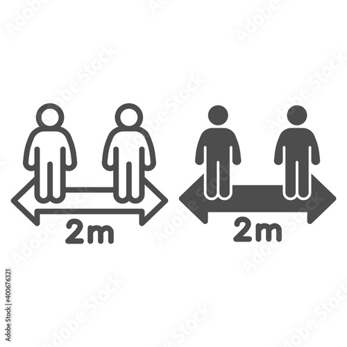 Keep distance between people two meter line and solid icon, social distancing concept, two meters Covid-19 separation sign on white background, safe distance icon outline style. Vector graphics.