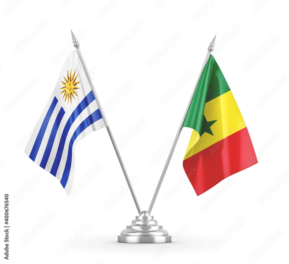 Senegal and Uruguay table flags isolated on white 3D rendering