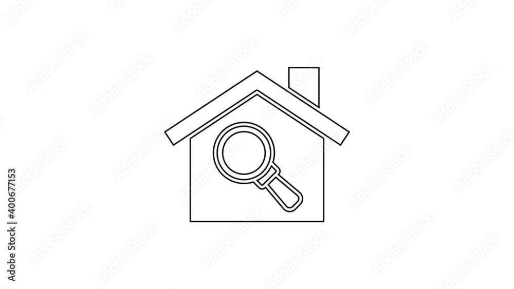 Black line Search house icon isolated on white background. Real estate symbol of a house under magnifying glass. 4K Video motion graphic animation Black line Search house icon isolated on white background. Real estate symbol of a house under magnifying glass. 4K Video motion graphic animation
