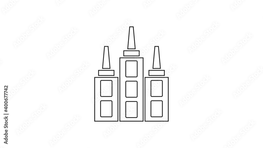 Black line Skyscraper icon isolated on white background. Metropolis architecture panoramic landscape. 4K Video motion graphic animation Black line Skyscraper icon isolated on white background. Metropolis architecture panoramic landscape. 4K Video motion graphic animation