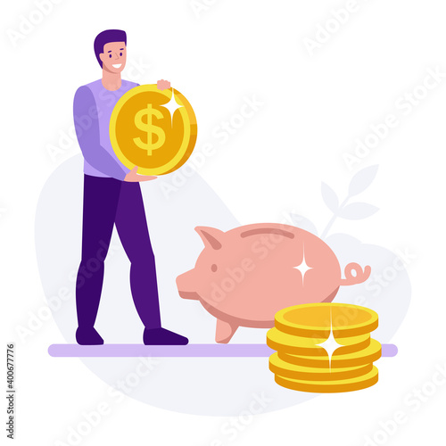 A man with a calculator next to a piggy bank. Save money, finance, business, investment, budget, money management concepts. Modern flat design. Vector illustration.