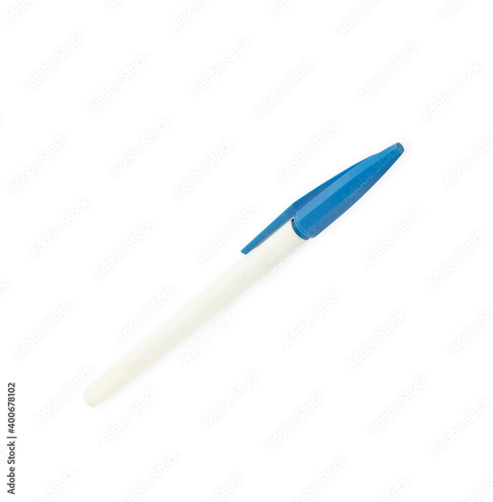 A pen with a blue cap, a white handle on a white background. A pen with a blue cap, a white handle on a white background.