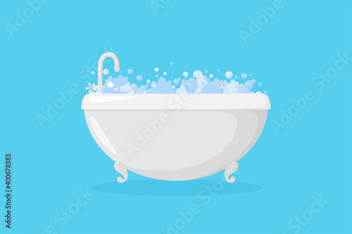Ellipse bathtub with relax foam and bubbles. Tub with faucet. Vector illustration in cartoon style
