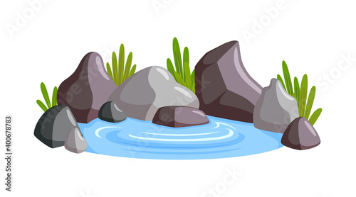 Water paddle surrounded with stones and grass. Natural scene with freshwater paddle. Vector illustration in cartoon style