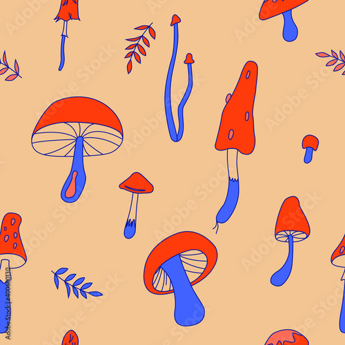 Pattern vector illustration with edible mushrooms and toadstools. Creative design for decoration. Suitable for fabrics, wallpaper, printing and interior design.
