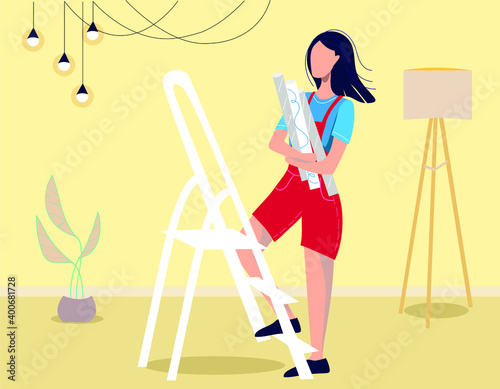 Woman with wallpaper in her hands stands on a stepladder
