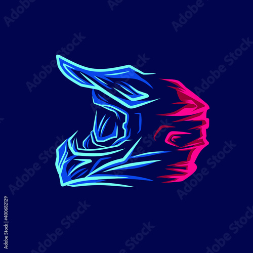 Motocross helmet trail fullface adventure line pop art potrait logo colorful design with dark background. Abstract vector illustration. Dark minimalist graphic. 