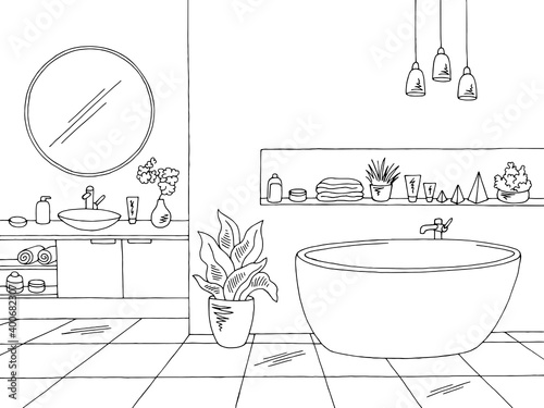 Bathroom graphic home interior black white sketch illustration vector