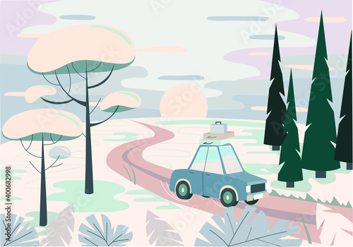 Winter landscape and car
