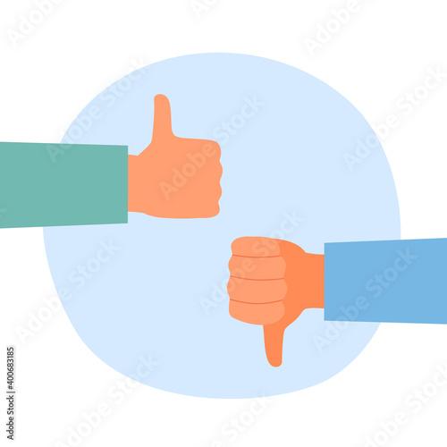 Like dislike hand gesturing vector on white background. Agree and disagree. Thumbs up and down in flat design.