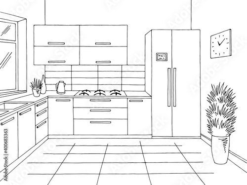 Kitchen room graphic black white home interior sketch illustration vector