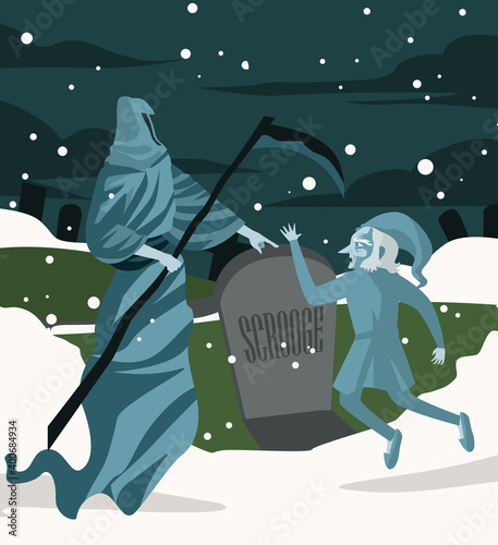 christmas carol tale with death ghost and old man in cemetery