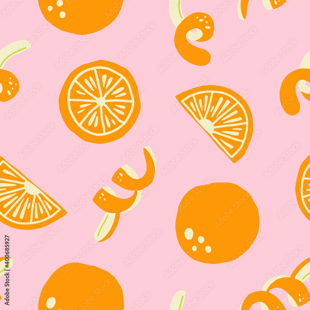 Orange seamless pattern. Exotic tropical mandarin citrus fruit, juicy slice tangerine and peel, cartoon minimalistic isolated vector texture, textile, wallpaper, print on pink background