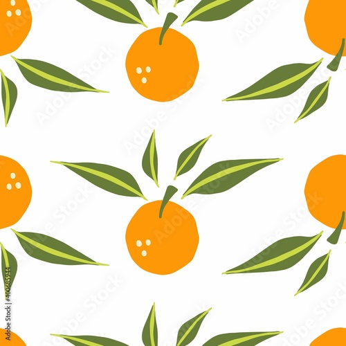 Mandarin seamless pattern. Exotic tropical orange citrus fruit, juicy tangerine with green leaves, vector cartoon minimalistic isolated texture, textile, wrapping paper, wallpaper and fabric