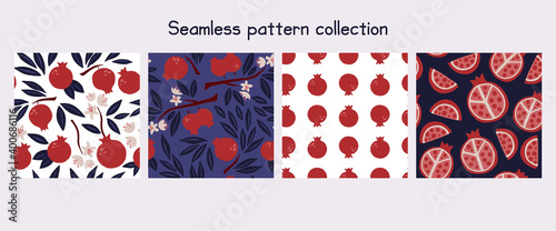 Pomegranate seamless pattern set. Exotic tropical red fruit, juicy garnet with blue leaves and flowers, vector cartoon minimalistic isolated texture, textile, wrapping paper, wallpaper and fabric