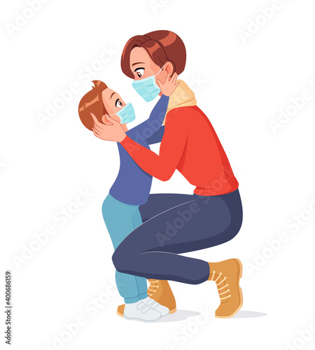 Mother and child in face masks. Isolated vector illustration.