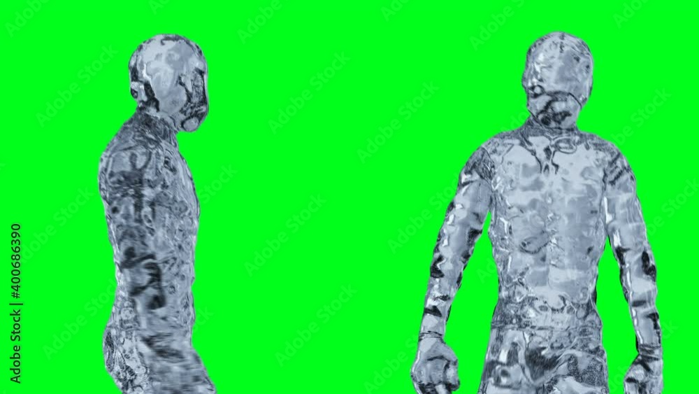 Ice, glass man character animation. Isolate on green screen. Ice, glass man character animation. Isolate on green screen.