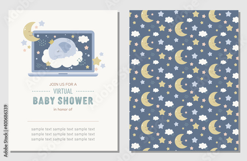 Virtual baby shower invitation card and coordinated pattern with cute elephant, stars, moon, and clouds. Baby shower invitation for a boy in muted pastel colors.