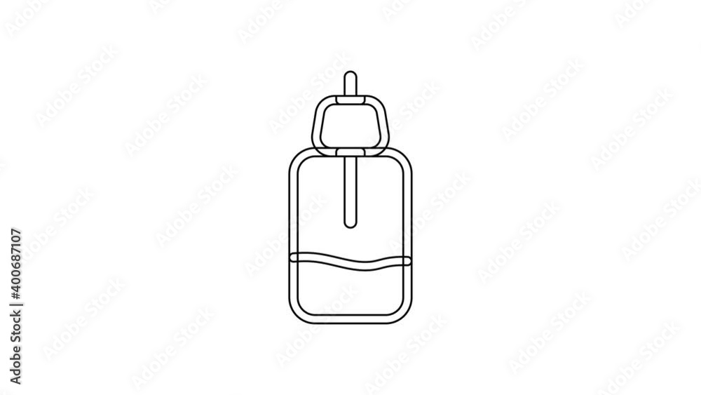 Black line Essential oil bottle icon isolated on white background. Organic aromatherapy essence. Skin care serum glass drop package. 4K Video motion graphic animation Black line Essential oil bottle icon isolated on white background. Organic aromatherapy essence. Skin care serum glass drop package. 4K Video motion graphic animation