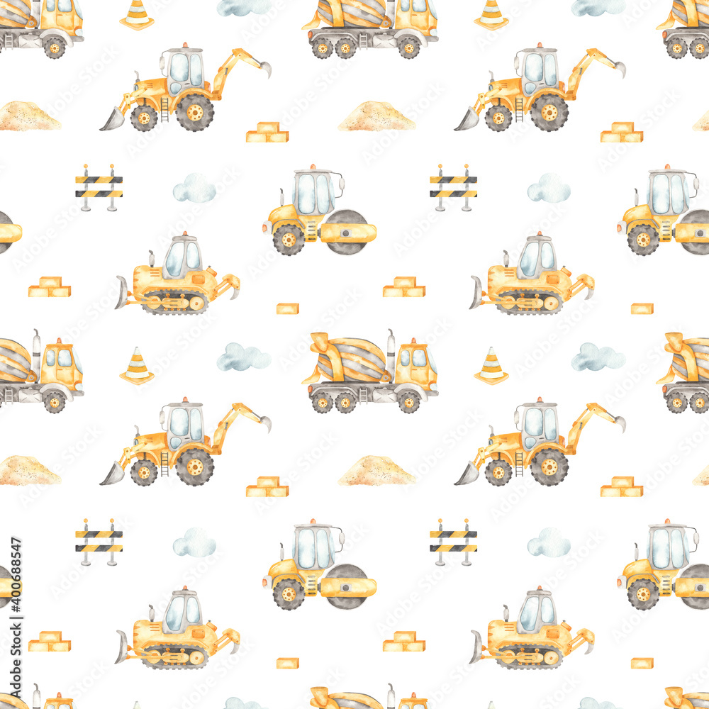 Watercolor seamless pattern with construction vehicles, concrete truck ...