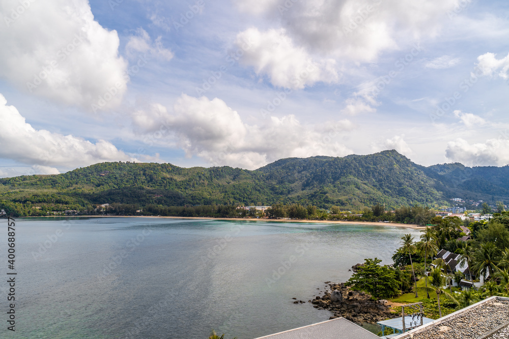 View of the beautiful Andaman sea with fluffy wihte clouds in Phuket, southern Thailand