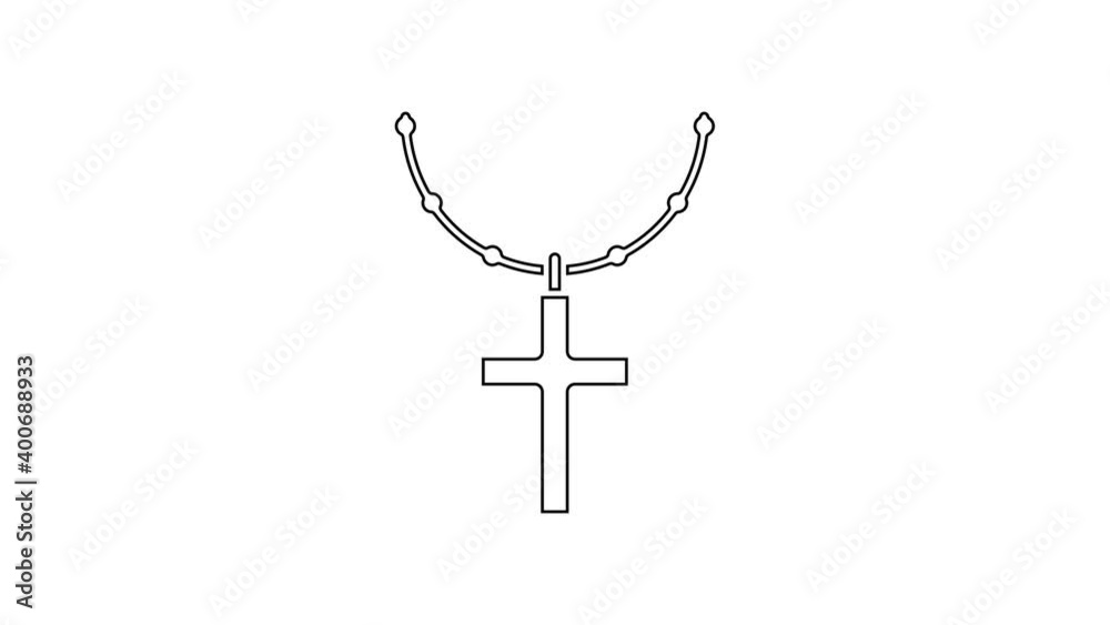 Black line Christian cross on chain icon isolated on white background. Church cross. 4K Video motion graphic animation Black line Christian cross on chain icon isolated on white background. Church cross. 4K Video motion graphic animation