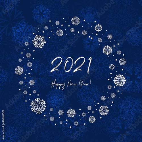 2021 happy new year. white text on blue repetitive background with snowflakes frame. greeting card vector template on seamless pattern.