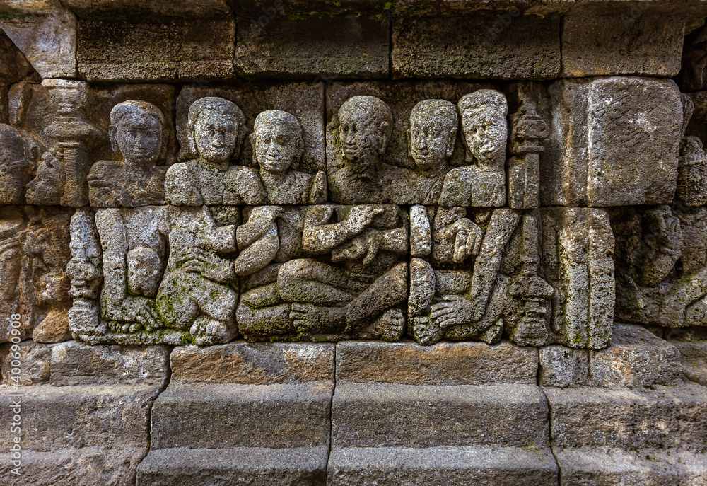 Bas-relief in Borobudur Buddist Temple - island Java Indonesia Bas-relief in Borobudur Buddist Temple - island Java Indonesia