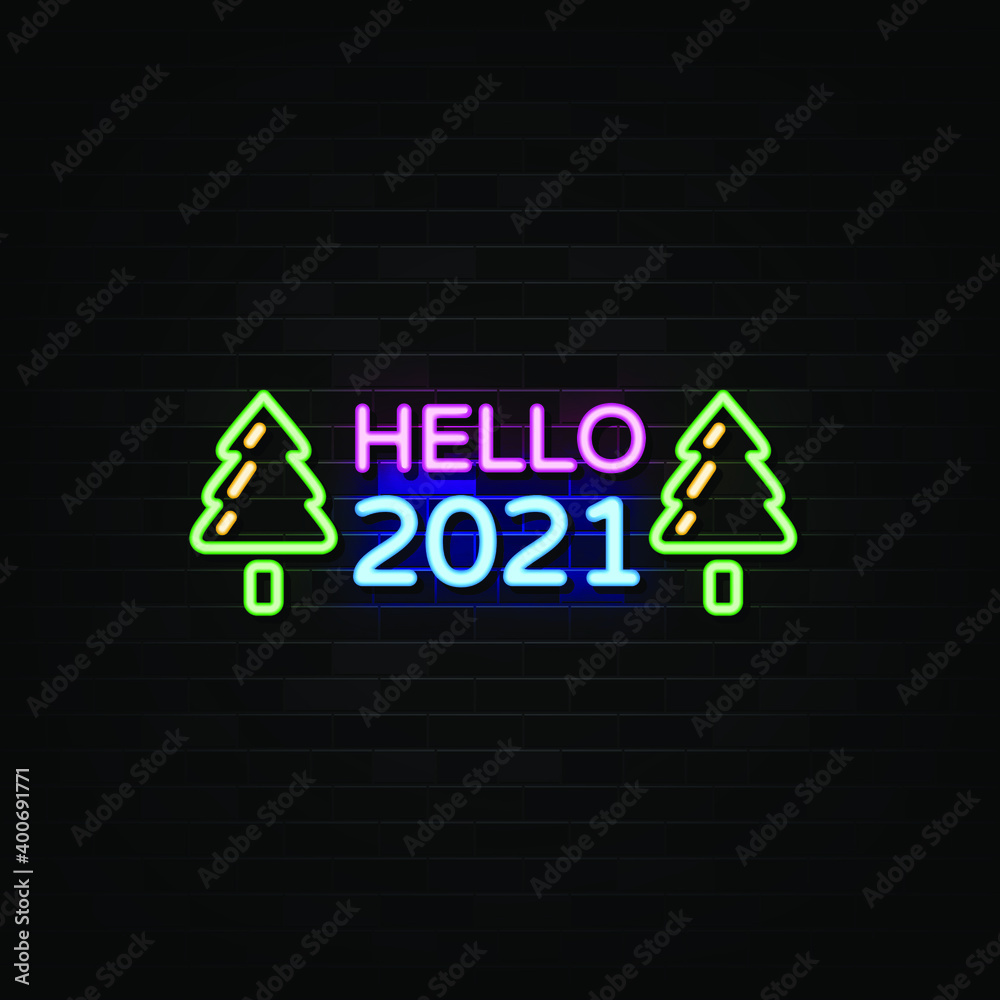 Obraz premium Hello 2021 Neon Signs Vector. Design template neon sign