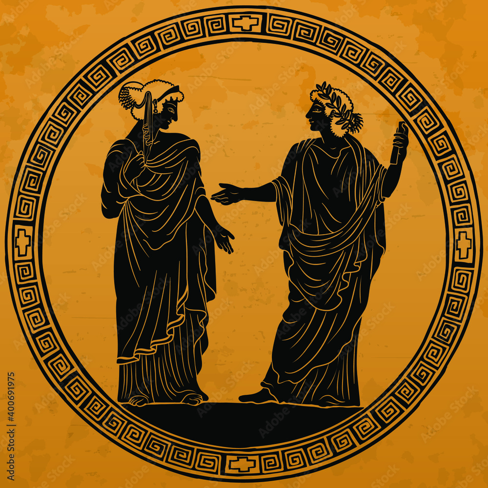 Fototapeta premium A young man in an ancient Greek tunic with a papyrus scroll in his hand stands reads a poem for a young woman and gestures.