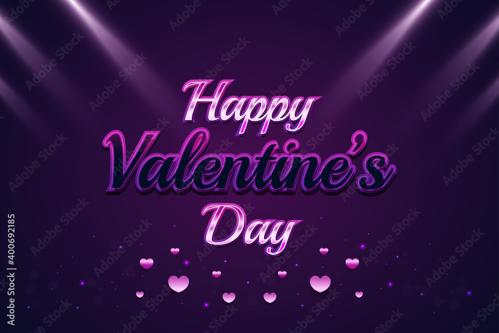 Happy Valentine's Day banner with colorful text, pink hearts, and glowing flares on purple background. Holiday gift card. Romantic background with 3d decorative objects. Vector illustration