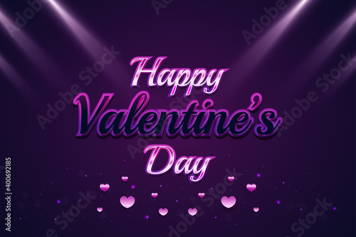 Happy Valentine's Day banner with colorful text, pink hearts, and glowing flares on purple background. Holiday gift card. Romantic background with 3d decorative objects. Vector illustration