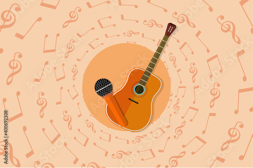 Abstract background with music notes and guitar and mike placed on sphere creative design for backgrounds, banners, musical adds, posters vector illustration. 
