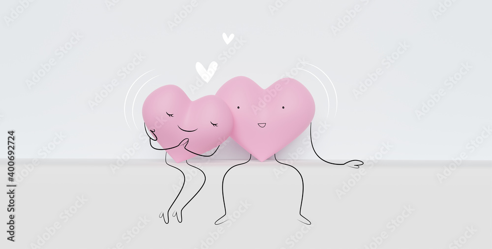 3D of sweet couple of cute hearts in love. Happy Valentine's Day.  Scenes with two funny cute. Wedding, happiness concept.
