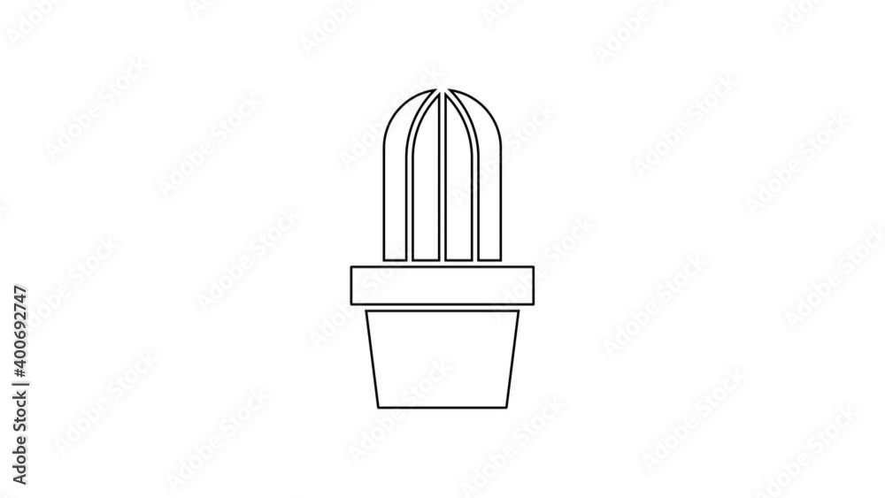 Black line Cactus and succulent in pot icon isolated on white background. Plant growing in a pot. Potted plant sign. 4K Video motion graphic animation Black line Cactus and succulent in pot icon isolated on white background. Plant growing in a pot. Potted plant sign. 4K Video motion graphic animation