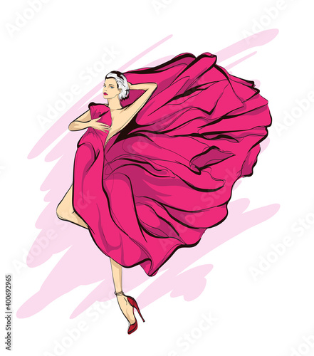 Young beautiful woman in crimson dress. Sale concept. Hand-drawn fashion illustration