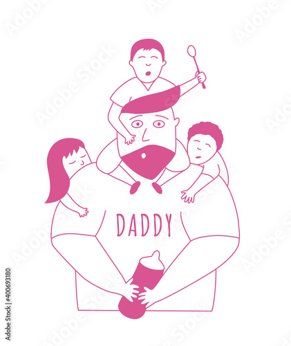 Puzzled dad holding children. Father's day funny greeting card