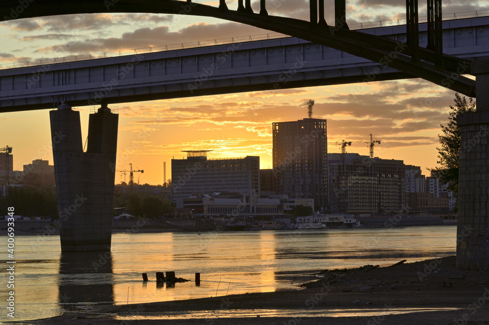 Golden dawn through the bridges of Novosibirsk
