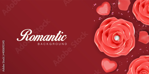 Realistic valentines day. Romantic Premium Vector background with red roses and hearts