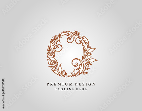 Calligraphic O Letter logo design, elegant floral ornate alphabet design vector.