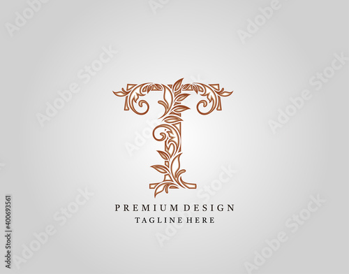Calligraphic T Letter logo design, elegant floral ornate alphabet design vector.