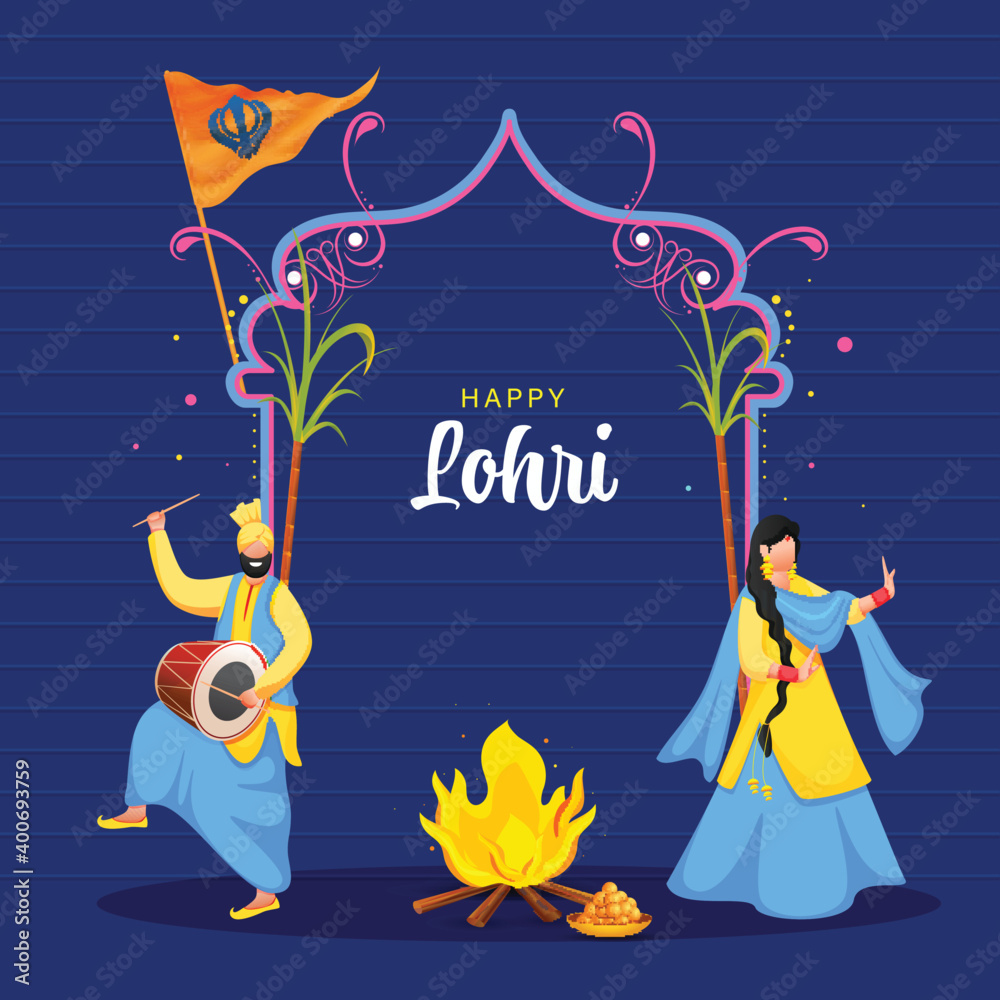 Happy Lohri Celebration Background With Sikh Couple Doing Bhangra Dance And  Bonfire Illustration. Stock Vector | Adobe Stock