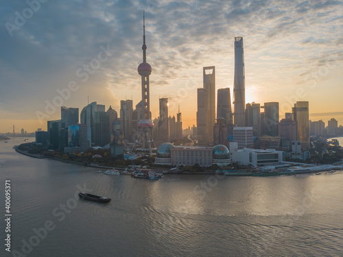 Aerial view of the sunrise in Lujiazui  the financial district in Shanghai  China.